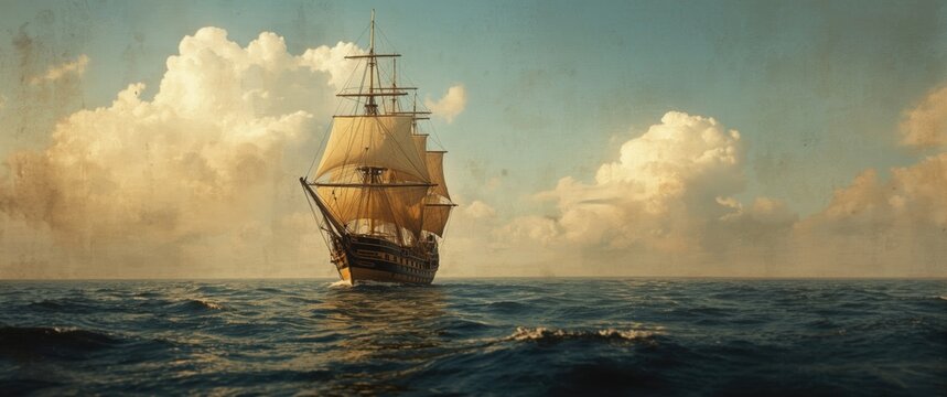 Seascape oil painting on canvas featuring a ship