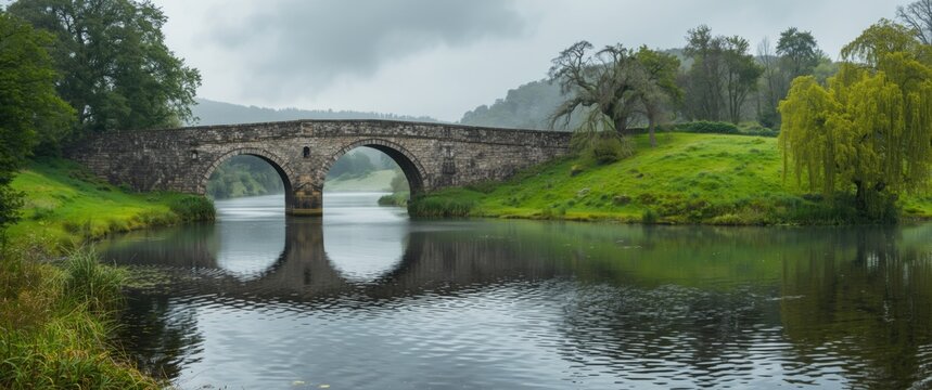 Historic stone bridge with twin arches over a peaceful river surrounded by vibrant green scenery, showcasing Irish architectural heritage