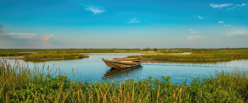 Chibayish Marshes with Boat and Clear Blue Sky