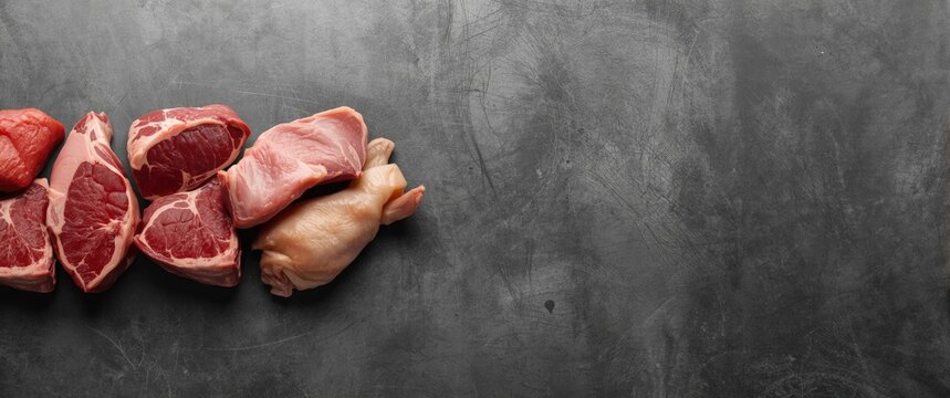 Assortment of uncooked meats against grey backdrop