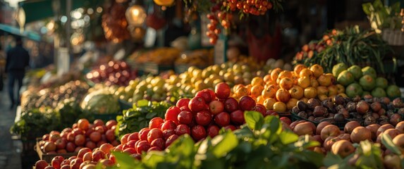 A variety of nutritious foods showcased, including red jujube fruits in a marketplace setting