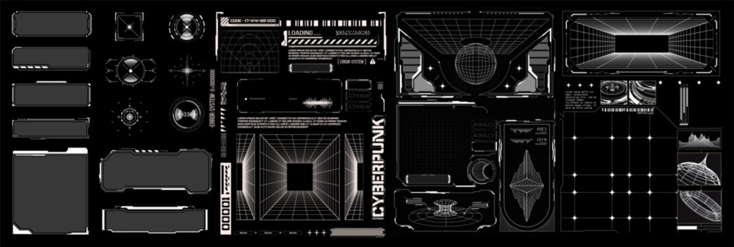 Futuristic Cyberpunk HUD Interface Elements Set with Sci Fi UI Frames Wireframe Displays and Digital Dashboard Panels on Black Background
