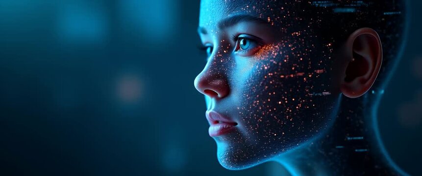Futuristic profile of a young woman illuminated by digital data points in a cinematic style, with gentle ambient light flicker and a slow pan, highlighting technological innovation.