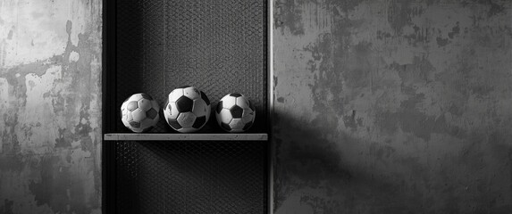 Soccer balls in black and white arranged on a metal mesh shelf
