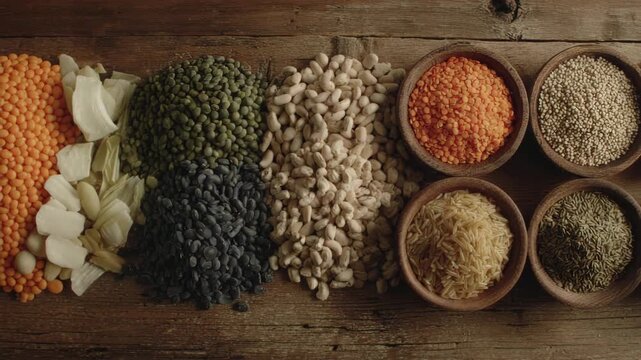 Assorted lentil, bean, rice, and seed varieties with sliced garlic and chopped vegetables rustic wood table, showcasing natural ingredient selection for healthy, rustic, and earthy cooking inspiration