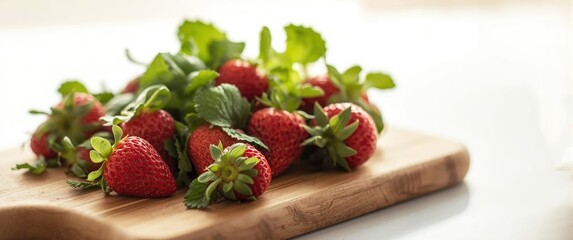 Strawberries with Green Leaves Placed on Cutting Board Against White Background, Food, Summer, Kitchen, Fruit, Health