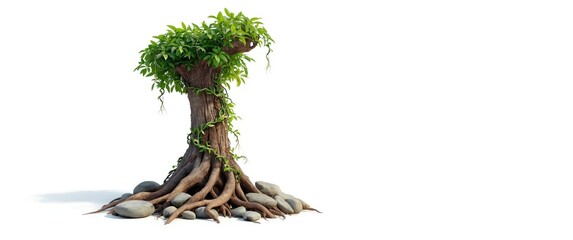 The tree's trunk is covered with twisting vines growing up