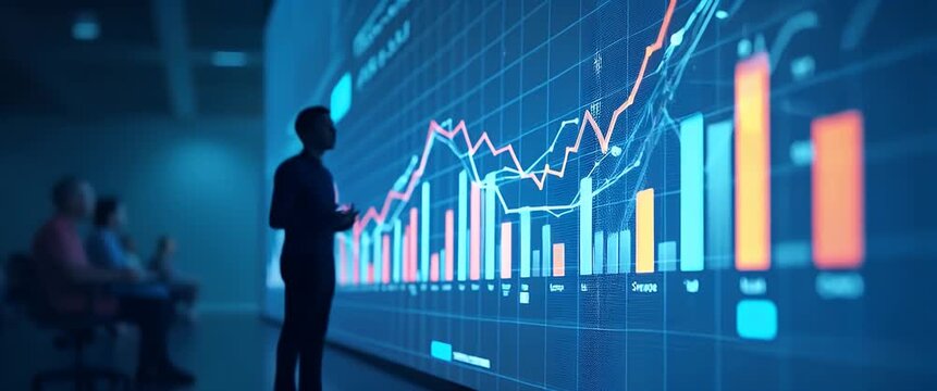 Business professional analyzes financial graphs as camera slowly tracks across a futuristic conference room; glowing charts display dynamic market trends in a cinematic style.
