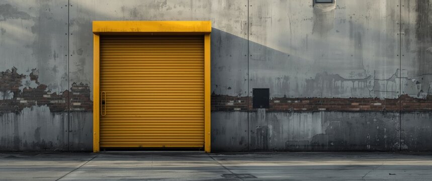 Raising the yellow iron shutter door of the garage and industrial building warehouse against a grey concrete road, with no one seen from the side