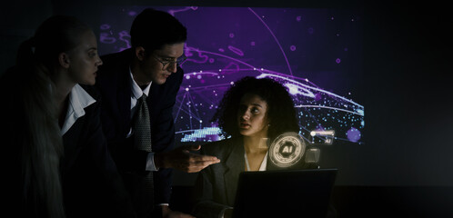 Ai and Business. Tech Startup team discussing and using artificial intelligence or digital Ai assistant.  Business innovation AI technology collaboration and ideas for future. Tech brainstorming idea