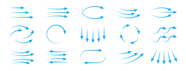 Fototapeta premium Set of light blue vector arrow icons illustrating air flow, wind direction, or water currents vector elements