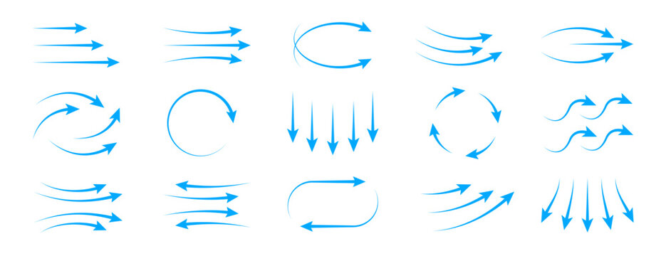 Set of light blue vector arrow icons illustrating air flow, wind direction, or water currents vector elements