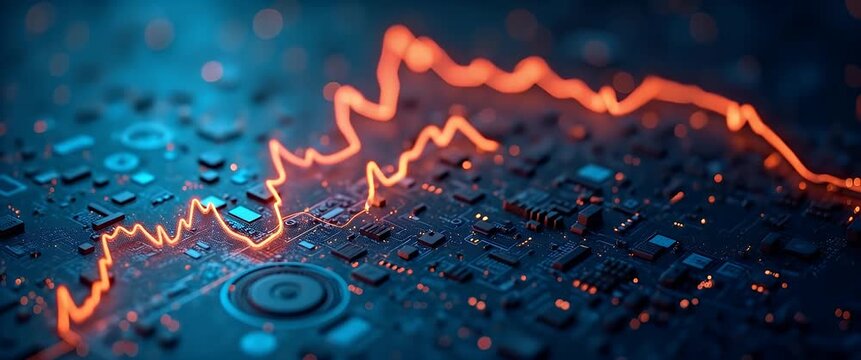Dynamic circuit board with glowing data waves in a high-tech environment; camera smoothly pans across intricate electronic components, capturing ambient flickering lights in a cinematic style.