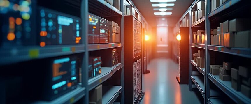 Cinematic server room with blinking lights on data racks, ambient glow illuminating aisles, as camera steadily tracks through the corridor, highlighting technology and innovation.