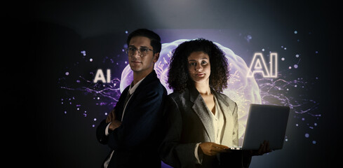 Ai and Business. Tech Startup team discussing and using artificial intelligence or digital Ai assistant.  Business innovation AI technology collaboration and ideas for future. Tech brainstorming idea