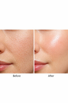 Dehydrated skin dry face rough texture enlarged pore skincare treatment glowing skin moist face smooth texture radiant cheek healthy complexion contrast before after closeup