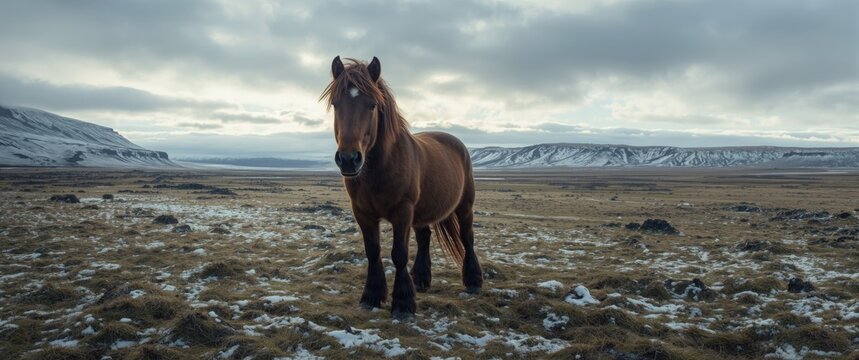 Wild Icelandic horse in Westfjord: a wintertime Icelandic equine scene