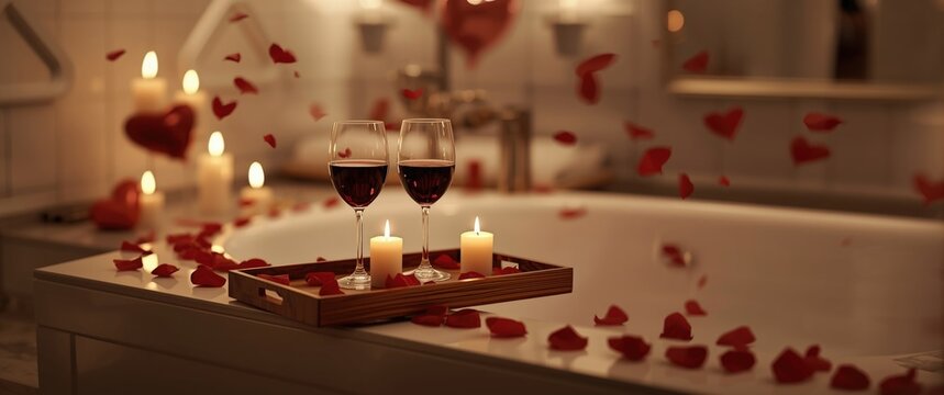Valentine's Day scene featuring a wooden tray with wine, candles, and rose petals arranged on the bathroom bathtub edge