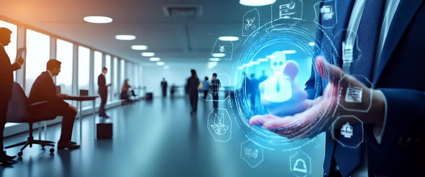 Businessman holds holographic AI network interface, while office workers move in the background; camera slowly tracks through a modern office space with ambient light flicker, in a cinematic style.