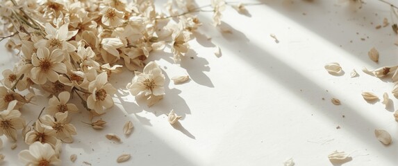 Fototapeta premium Empty white backdrop featuring beige dried flowers and room for text
