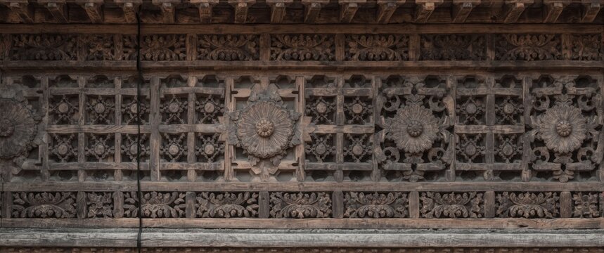 Gorga geometric pattern texture in traditional house wood carving, emphasizing philosophical meanings