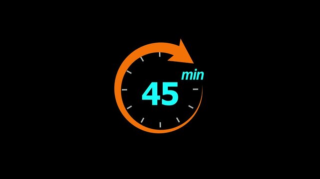 45 Min arrow clock icon animation. 45 minute animation on black background and creating a stunning 4k video.