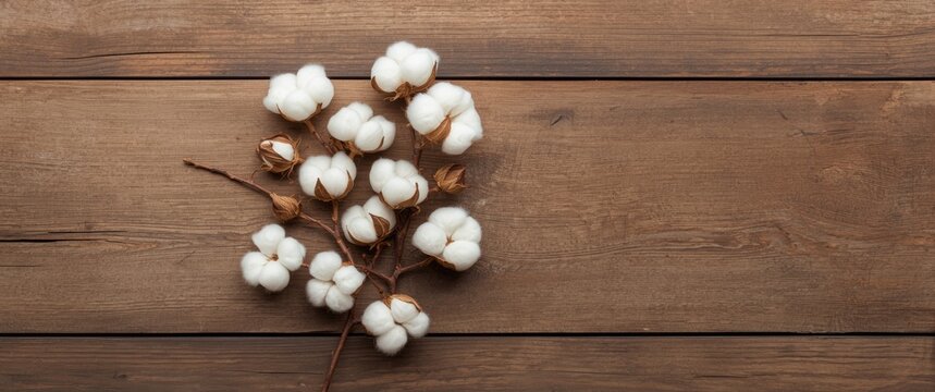 Flat lay of text space on wooden surface featuring cotton branches and soft blossoms