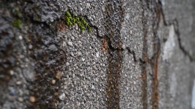Detailed macro view of an aged weathered concrete wall texture featuring dark damp stains green moss growth and vertical moisture discoloration on a gritty industrial surface.