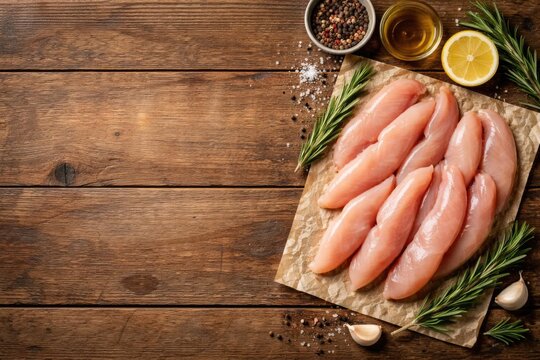 Unprocessed chicken aiguillettes on rustic wood table top with copy space for diet cooking
