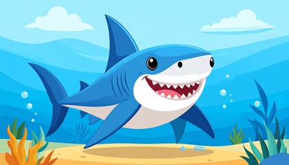 Obraz premium A friendly cartoon shark swims in the ocean, smiling with visible teeth, blue water, sandy seabed, clouds