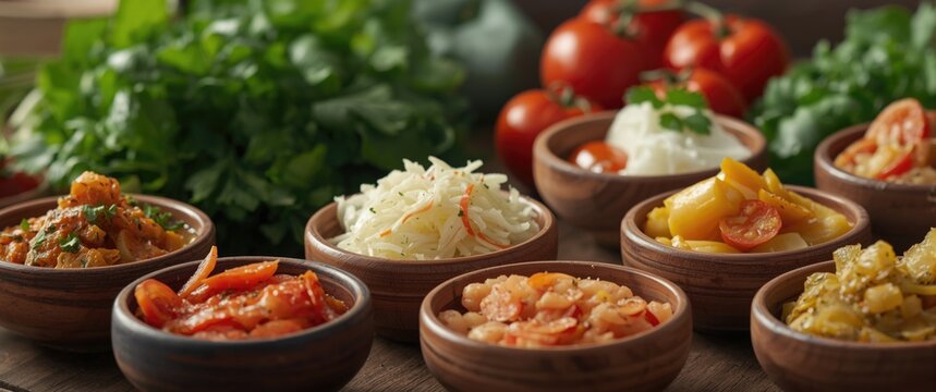 Different fermented organic foods presented in bowls. Array of marinated products. Healthy eating