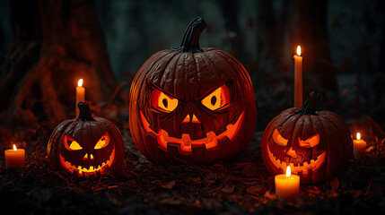 Eerie jack-o'-lanterns in a dark forest
