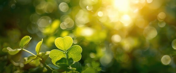 Fototapeta premium Vibrant textured lighting design over a blurry green botanic background with holiday-themed light flares and clover leaves shapes for bokeh