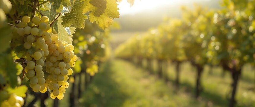 Cordon-trained wine grapes in vineyard before harvest time