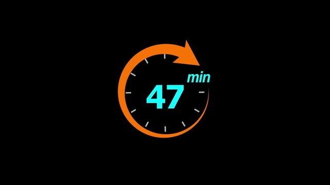 47 Min arrow clock icon animation. 47 minute animation on black background and creating a stunning 4k video.