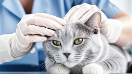British cat in hands of veterinarian on examination table. Cat on examination table in clinic. Professional animal care concept, doctor and cat, vaccination, sterilization