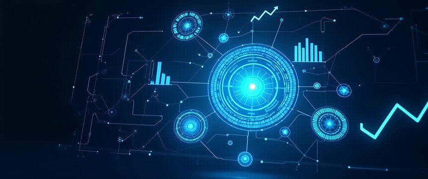 Futuristic digital interface with dynamic data visualization and glowing graphs, camera slowly panning across a high-tech, cinematic scene with ambient lights flickering.