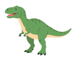 Obraz premium A friendly illustration shows a green cartoon Tyrannosaurus Rex in a side-facing pose. It has a big smile and small arms