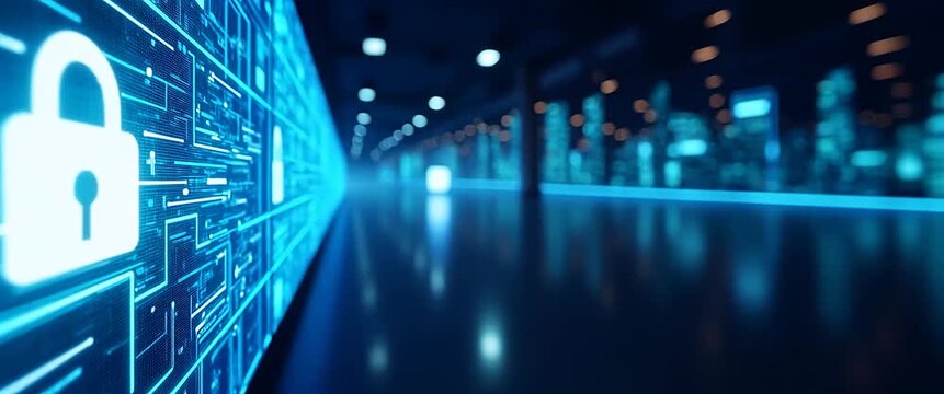 Cinematic cyber security concept with a glowing digital lock icon on a futuristic screen, camera slowly panning across a high-tech data center as ambient lights flicker gently.