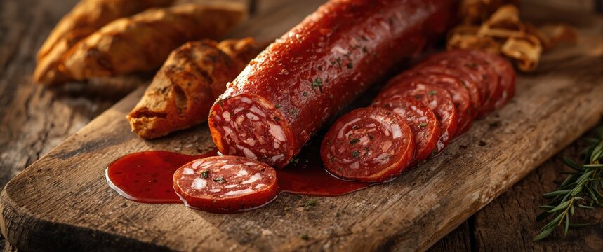 Spanish cured chorizo sausage sliced and displayed on the cutting board