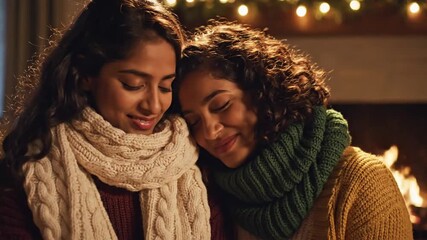 Intimate close-up portrait of a happy smiling young couple wearing warm cozy wool knitted scarves standing close together in winter, expressing genuine love, affection, and seasonal holiday warmth.