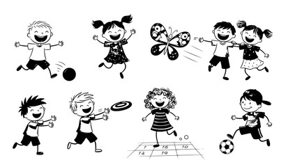 Happy children playing in summer park doodle vector set