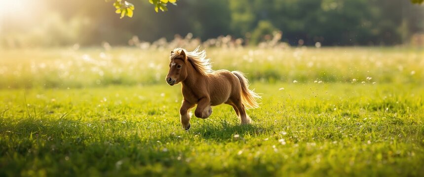 Miniature shetland pony racing in a summer meadow
