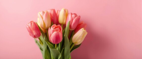 Obraz premium Tulips on a pink background seen from above