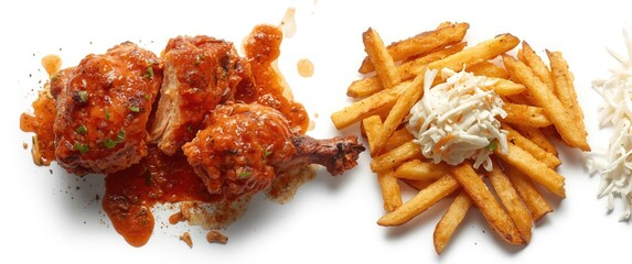 Grilled chicken topped with spicy sauce alongside fries and slaw