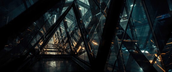 Perspective of abstract design via triangular glass windows with reflections