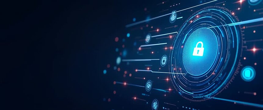 Futuristic cybersecurity network with a glowing digital padlock rotating slowly, camera gently panning across a dynamic grid of data streams, in a cinematic, high-tech style.