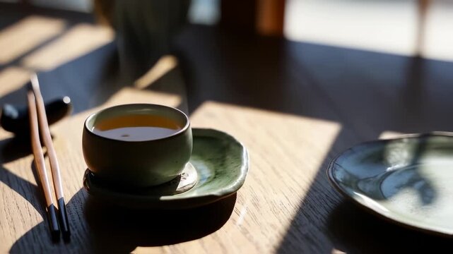 A Cup of Tea and Chopsticks on a Wooden Table in Sunlight.