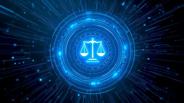 Blue glowing scales of justice emblem central radiant light beams circular energy rays starry cosmic background legal balance concept