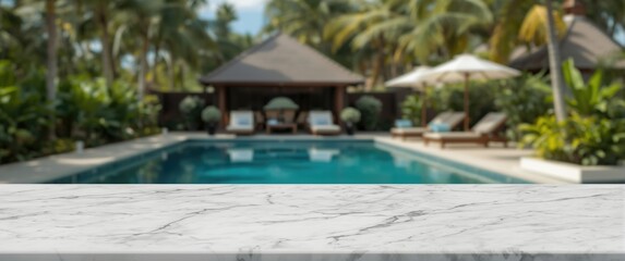 Obraz premium Empty marble stone table top against a tropical resort with swimming pool in summer banner for product showcase
